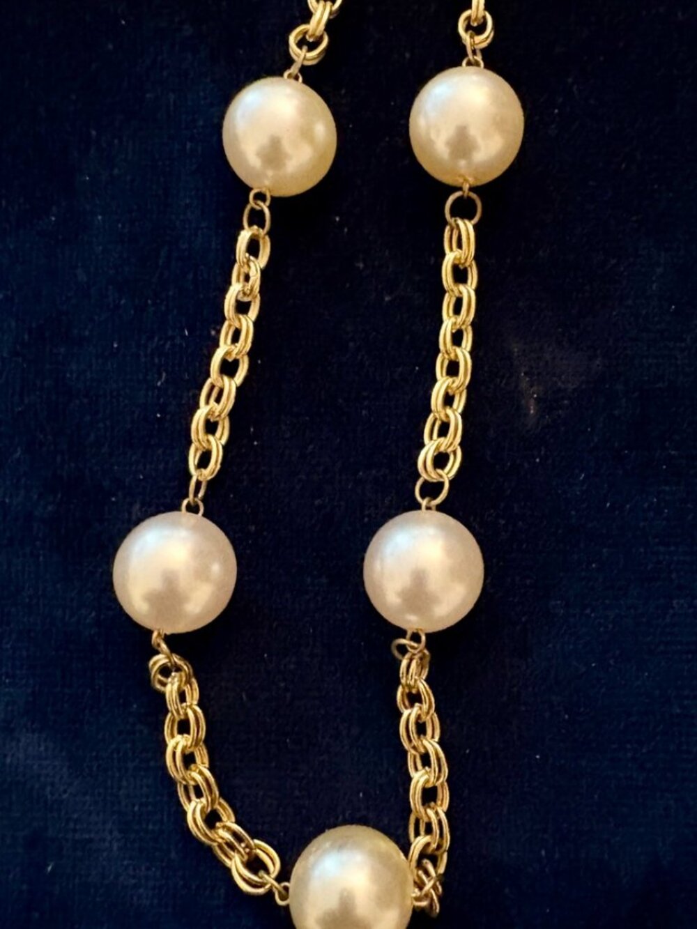 Vintage 36" Faux Pearl Gold Tone Chain Station Necklace Opera Length